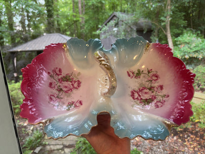 Beautiful decorative pink and blue floral dish with handle!
