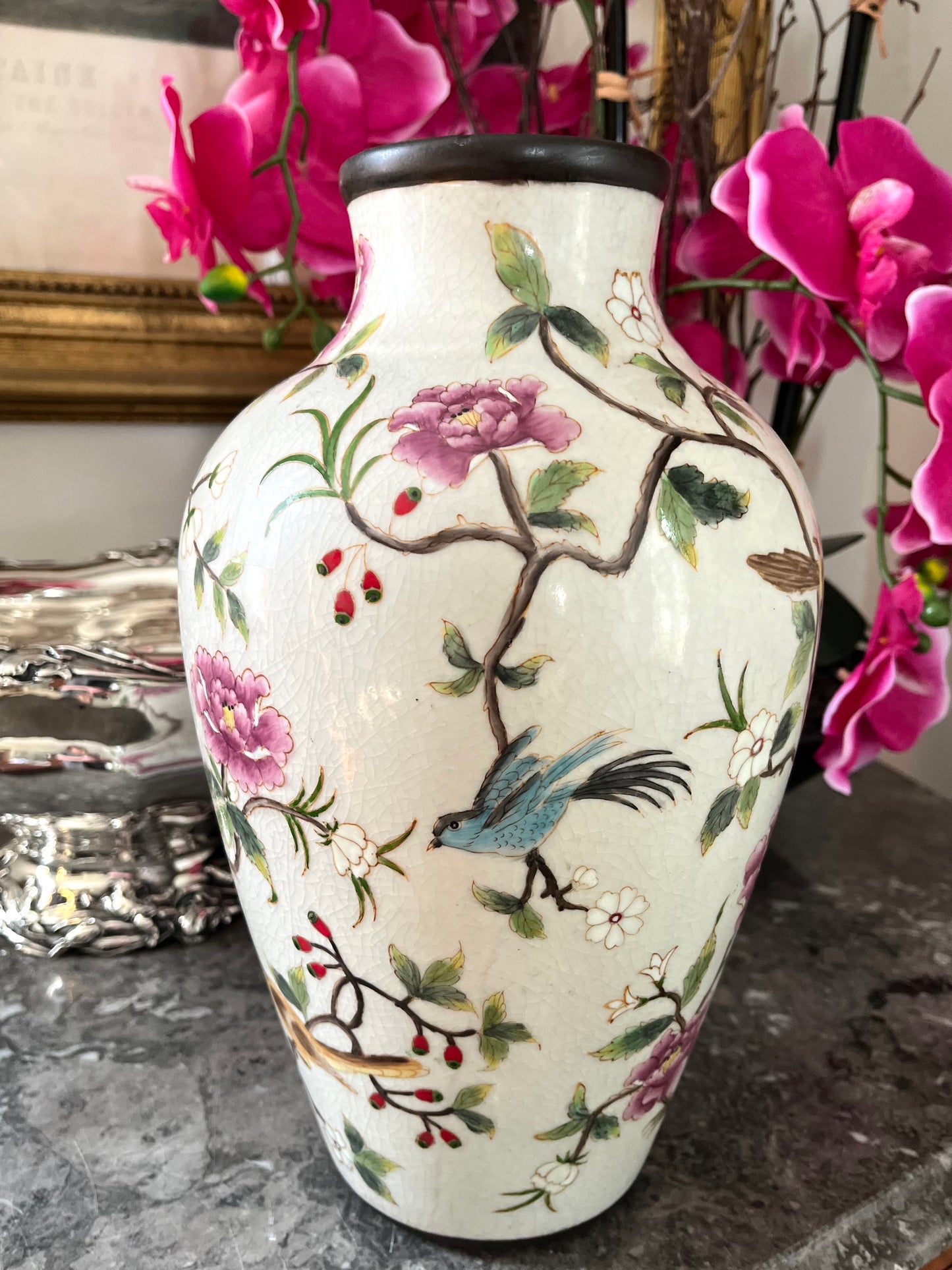 Gorgeous Large Antique Chinese Famille Rose Enamel Vase with Birds & Blossoms, Rolled Brown Rim