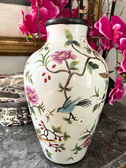 Gorgeous Large Antique Chinese Famille Rose Enamel Vase with Birds & Blossoms, Rolled Brown Rim
