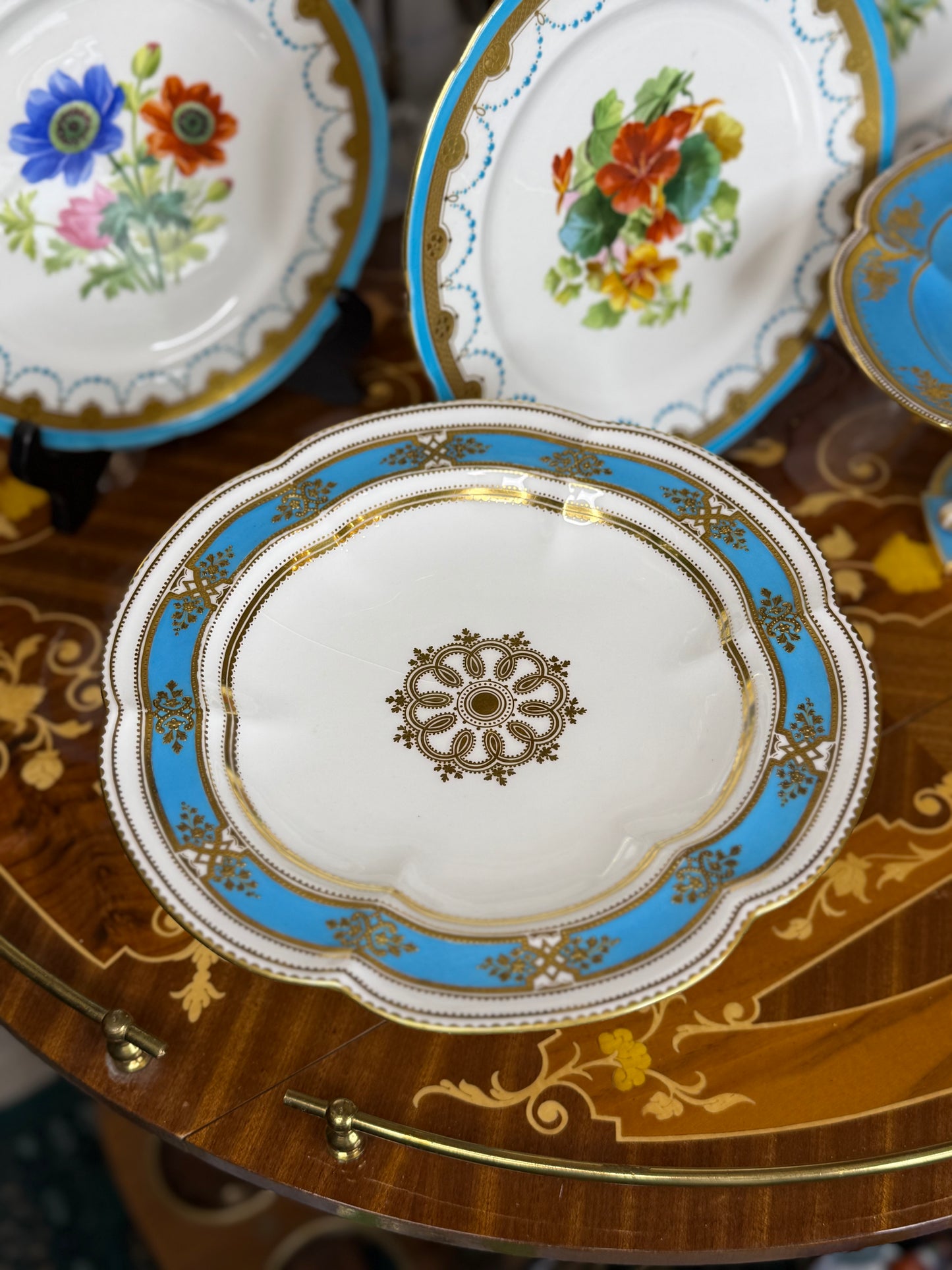 Coalport Raised Gilt Comport, c. 1850 – Turquoise & Gold, 10” Diameter (2 available)