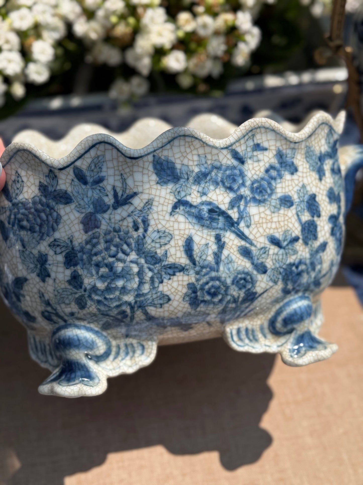 Danny's Fine Porcelain - SCALLOP EDGE PORCELAIN OVAL BASIN -BLUE BIRDS, 12L X 8W X 7H