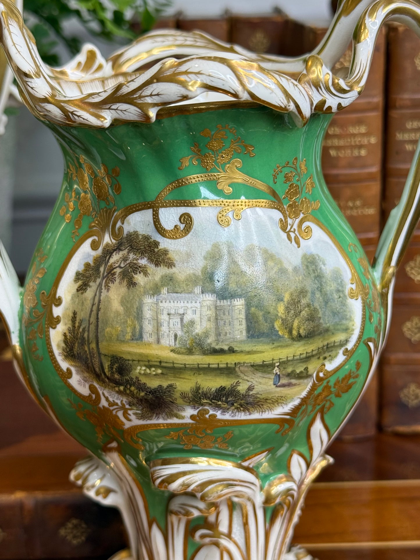 Rare Antique Pair of H.& R. Daniel Apple Green Scenic Vases | Named Views of Attingham Park, Shropshire | English Porcelain | c. 1840 | 8.5"H x 6.5"W x 4" | Style DA4447 (Copy)