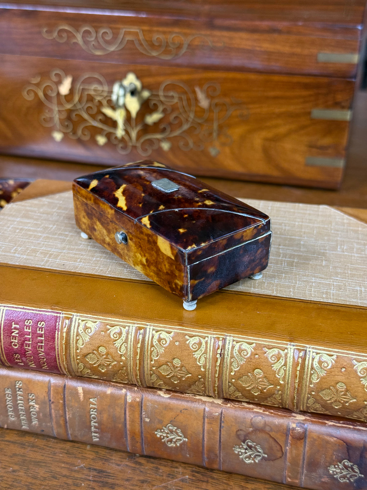 Antique English Tshell Trinket Snuff Box with Silver Cartouche & Bone Feet, c. 1900–1920 – 3”W