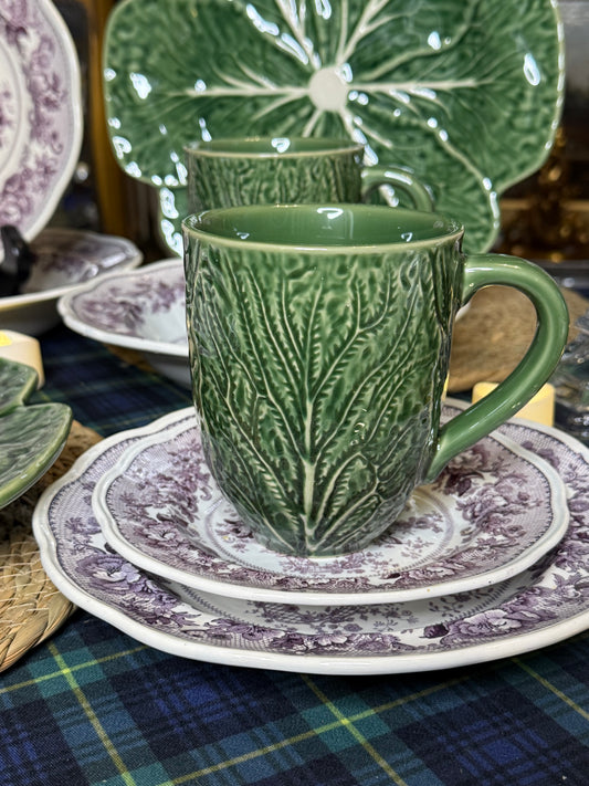 Green Cabbage Stoneware Mug | Sculpted Leaf Handle