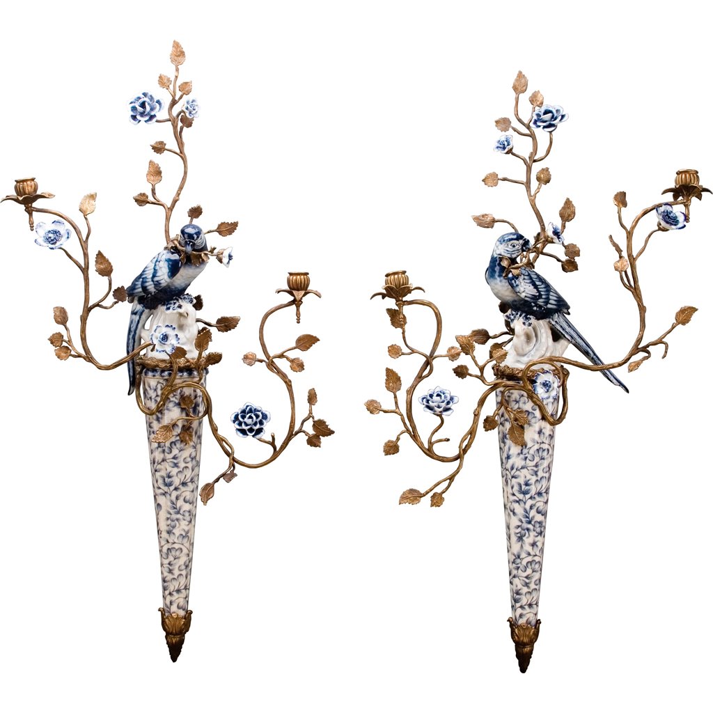 Danny’s Fine Porcelain | Pair Blue & White Bird Wall Candle Sconces – 22”x7”x30” | Porcelain & Bronze