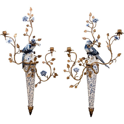 Danny’s Fine Porcelain | Pair Blue & White Bird Wall Candle Sconces – 22”x7”x30” | Porcelain & Bronze