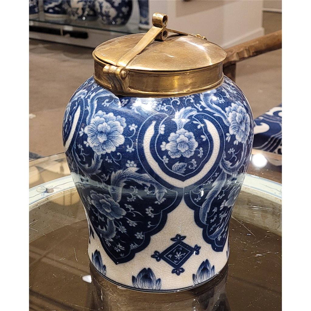 Danny's Fine Porcelain: 10” Tall Blue/White Porcelain Jar W/ Bronze Lid (2 sizes to choose)