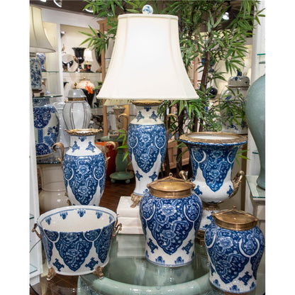 Danny's Fine Porcelain: 10” Tall Blue/White Porcelain Jar W/ Bronze Lid (2 sizes to choose)