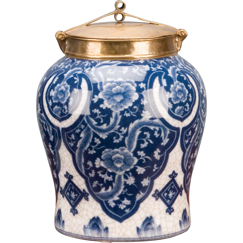 Danny's Fine Porcelain: 10” Tall Blue/White Porcelain Jar W/ Bronze Lid (2 sizes to choose)