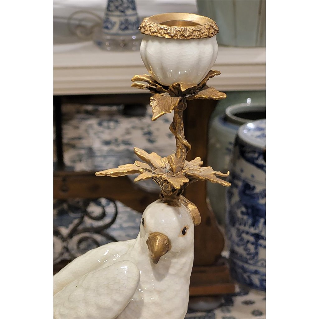 Danny's Fine Porcelain White Bronze Parrot Candle Holders Pair 6.5"L × 6"W × 18.5"H #14130