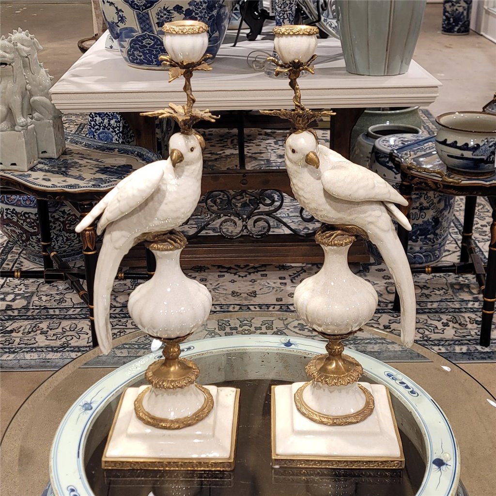 Danny's Fine Porcelain White Bronze Parrot Candle Holders Pair 6.5"L × 6"W × 18.5"H #14130