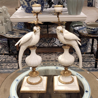 Danny's Fine Porcelain White Bronze Parrot Candle Holders Pair 6.5"L × 6"W × 18.5"H #14130