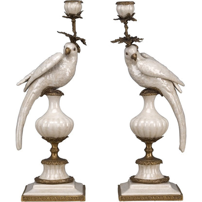 Danny's Fine Porcelain White Bronze Parrot Candle Holders Pair 6.5"L × 6"W × 18.5"H #14130
