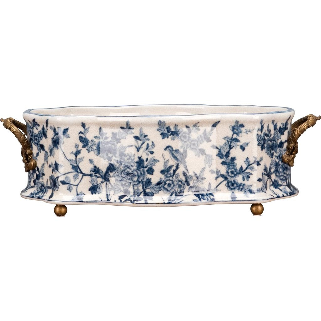 Danny's Fine Porcelain | Blue & White Porcelain "Prim rose" Basin, Bronze Detailing, 221L X 11W X 6.5H #14167