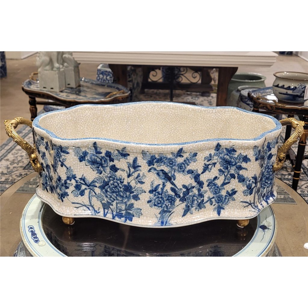 Danny's Fine Porcelain | Blue & White Porcelain "Prim rose" Basin, Bronze Detailing, 221L X 11W X 6.5H #14167