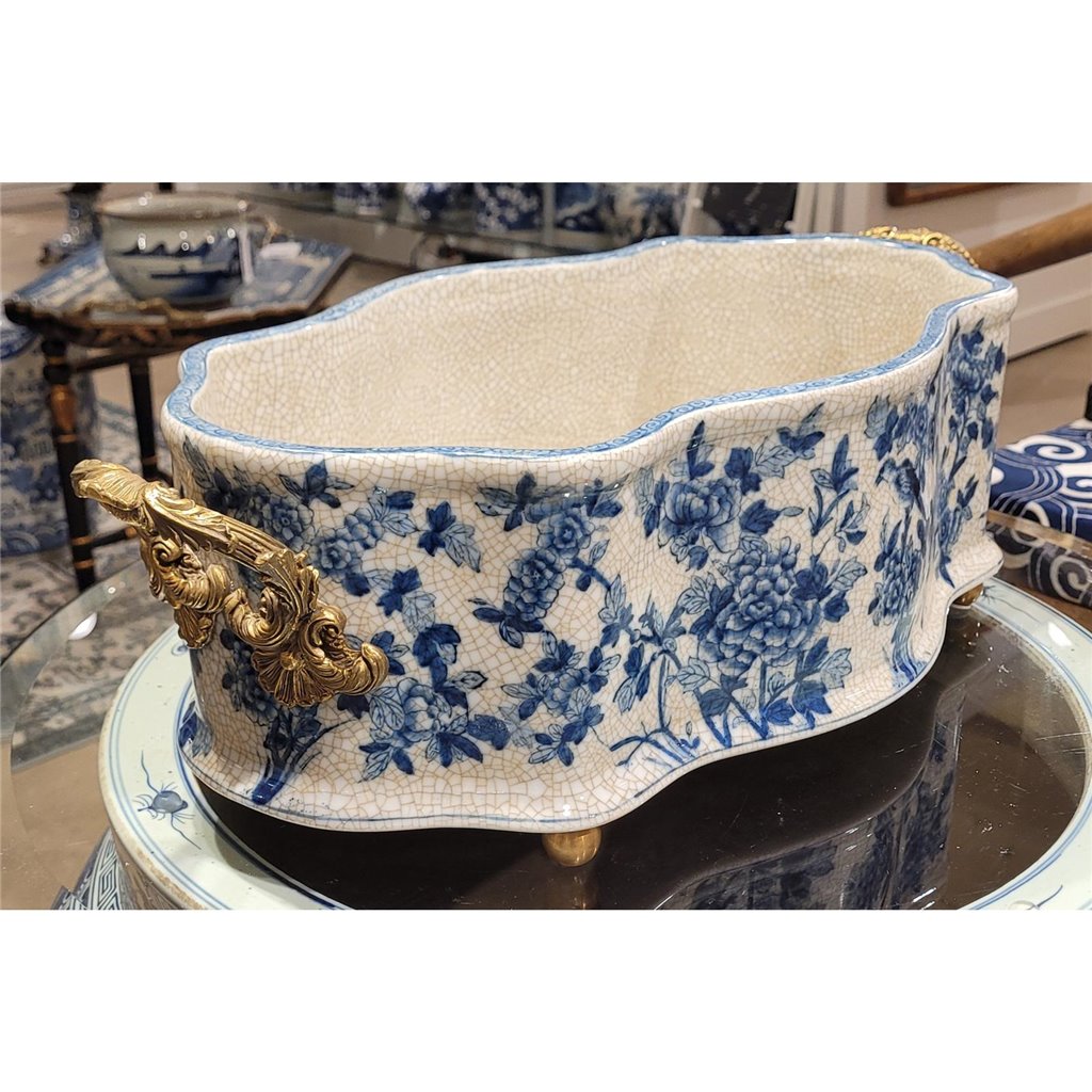 Danny's Fine Porcelain | Blue & White Porcelain "Prim rose" Basin, Bronze Detailing, 221L X 11W X 6.5H #14167
