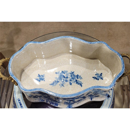 Danny's Fine Porcelain | Blue & White Porcelain "Prim rose" Basin, Bronze Detailing, 221L X 11W X 6.5H #14167