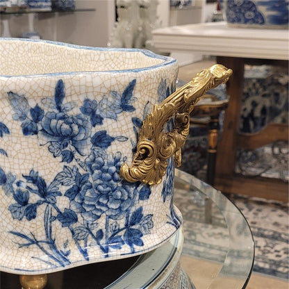 Danny's Fine Porcelain | Blue & White Porcelain "Prim rose" Basin, Bronze Detailing, 221L X 11W X 6.5H #14167