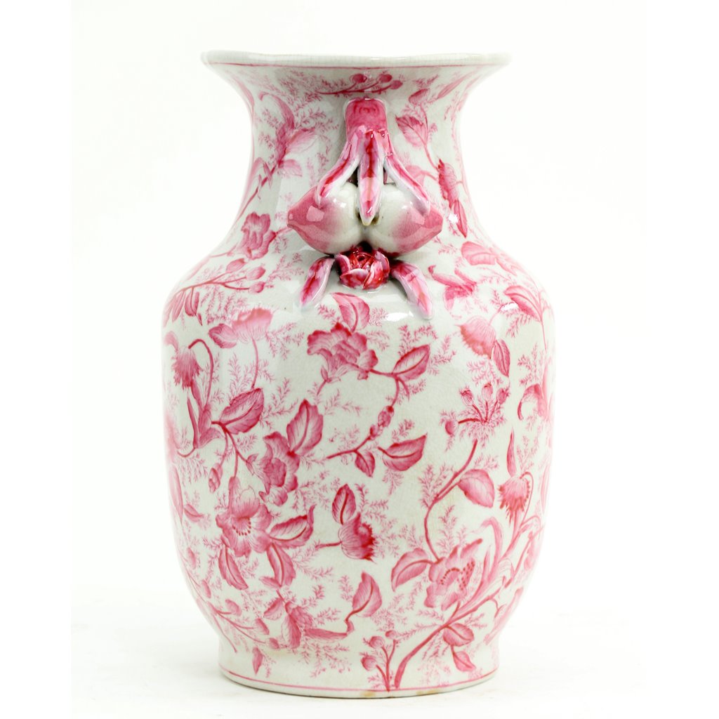 NEW - Pink Prim Rose, 13" Tall Porcelain Vase W/ Handles