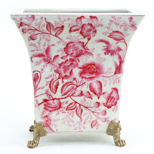 NEW - Pink/White Porcelain, Bronze Detailed Footed Planter, 8.5" Tall