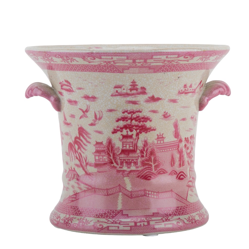 NEW- Pink/White Pagoda Porcelain Jardinière Planter, 7" Tall, 8"D - Pristine!