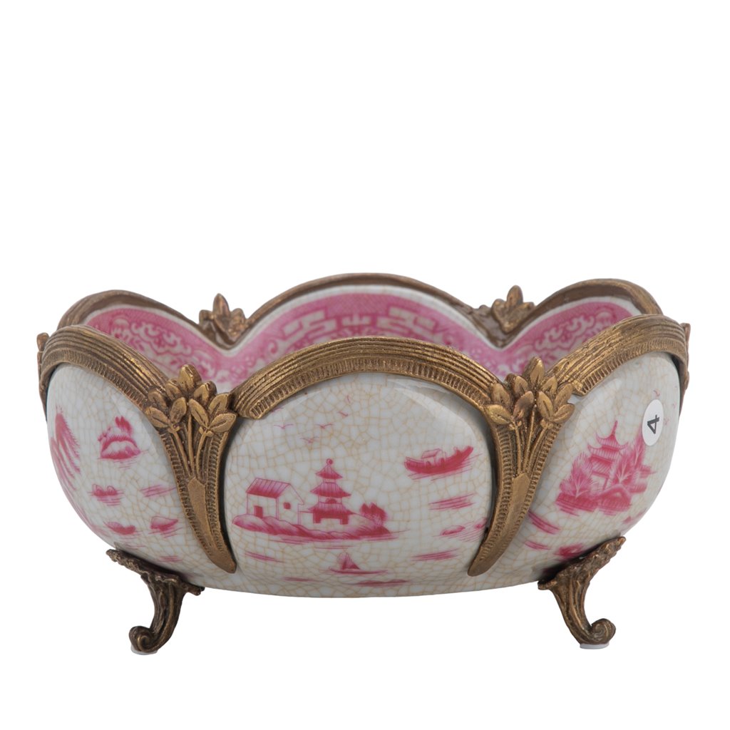 NEW - Pink/White Bronze Footed Trinket Bowl, Primrose, 7.5"D