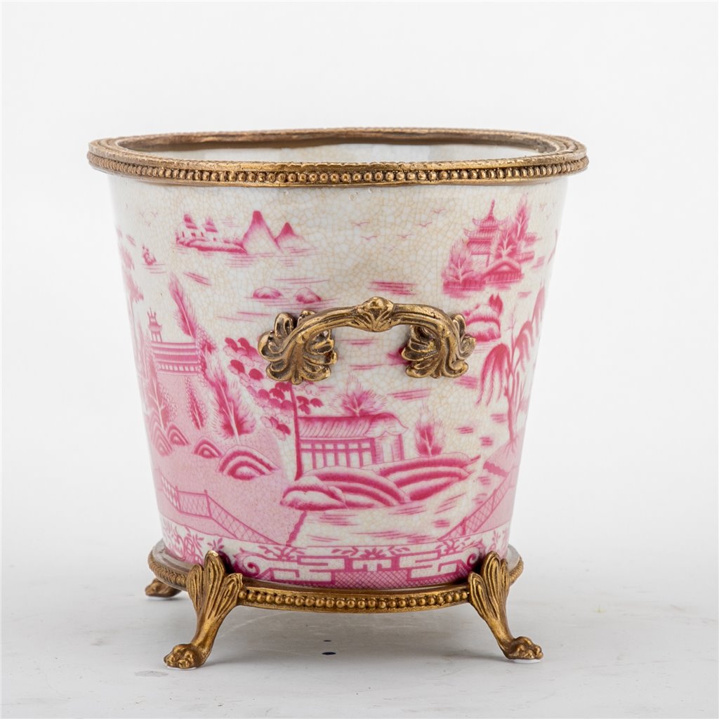 NEW - Pink/White Pagoda Willow, Footed Bronze Planter, 7" Tall