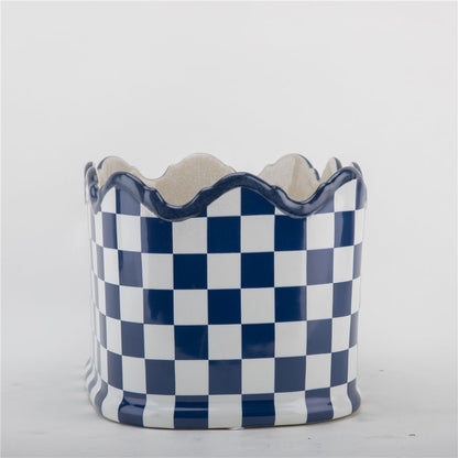 Danny's Fine Porcelain Blue & White Check Porcelain Planter | 12.5" x 8" x 7"