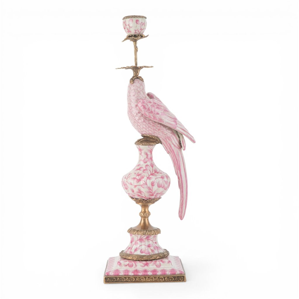 Danny's Fine Porcelain Pink & White Bronze Parrot Candle Holders Pair 6.5"L × 6"W × 18.5"H #14292
