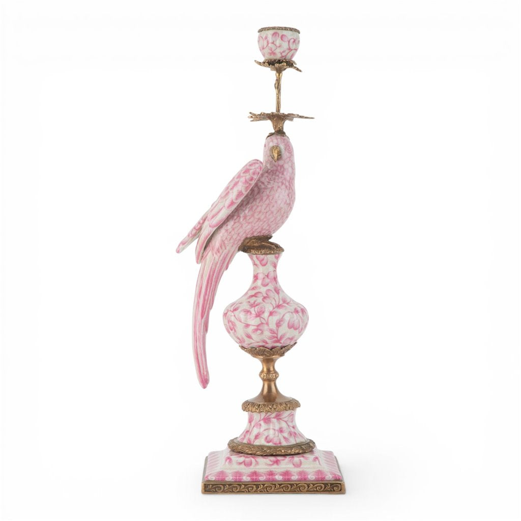 Danny's Fine Porcelain Pink & White Bronze Parrot Candle Holders Pair 6.5"L × 6"W × 18.5"H #14292