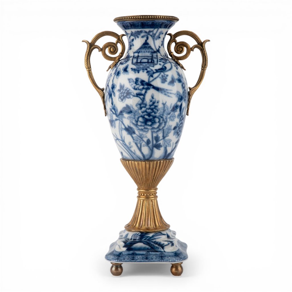 Danny's Fine Porcelain - 14" Tall Porcelain Blue Bird Vase with Gilt Ormolu Handles | Tall Decorative Accent #14298