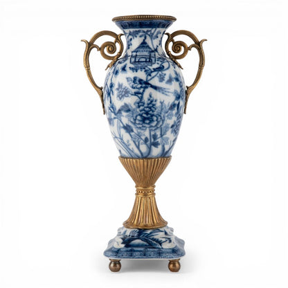 Danny's Fine Porcelain - 14" Tall Porcelain Blue Bird Vase with Gilt Ormolu Handles | Tall Decorative Accent #14298