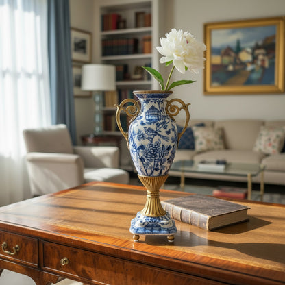 Danny's Fine Porcelain - 14" Tall Porcelain Blue Bird Vase with Gilt Ormolu Handles | Tall Decorative Accent #14298