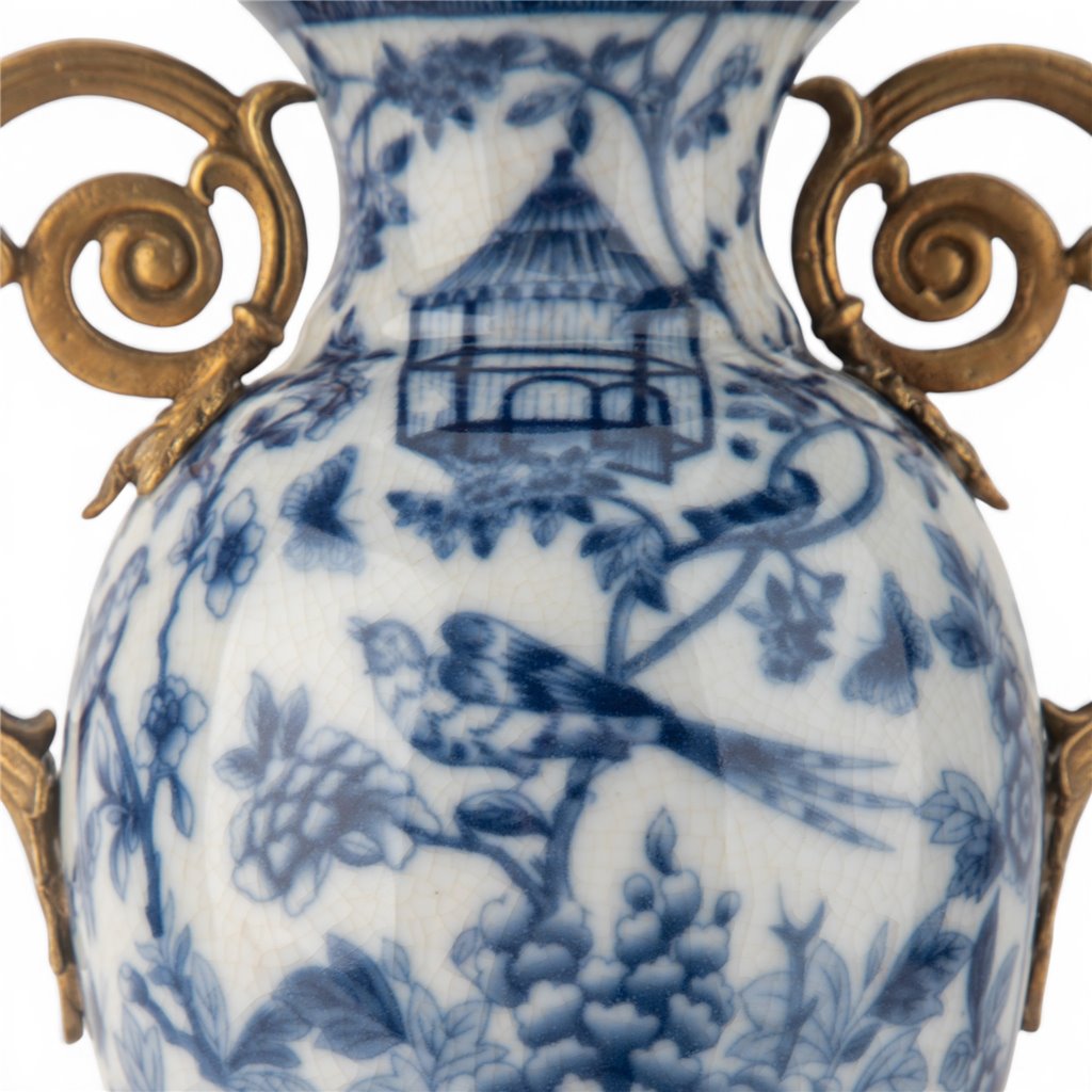 Danny's Fine Porcelain - 14" Tall Porcelain Blue Bird Vase with Gilt Ormolu Handles | Tall Decorative Accent #14298