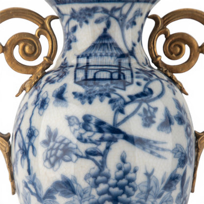 Danny's Fine Porcelain - 14" Tall Porcelain Blue Bird Vase with Gilt Ormolu Handles | Tall Decorative Accent #14298