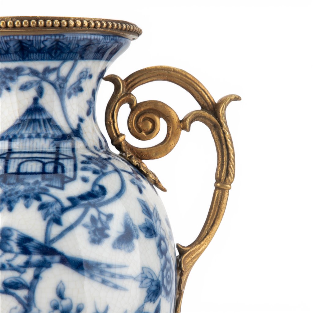 Danny's Fine Porcelain - 14" Tall Porcelain Blue Bird Vase with Gilt Ormolu Handles | Tall Decorative Accent #14298