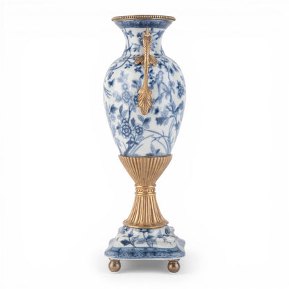 Danny's Fine Porcelain - 14" Tall Porcelain Blue Bird Vase with Gilt Ormolu Handles | Tall Decorative Accent #14298