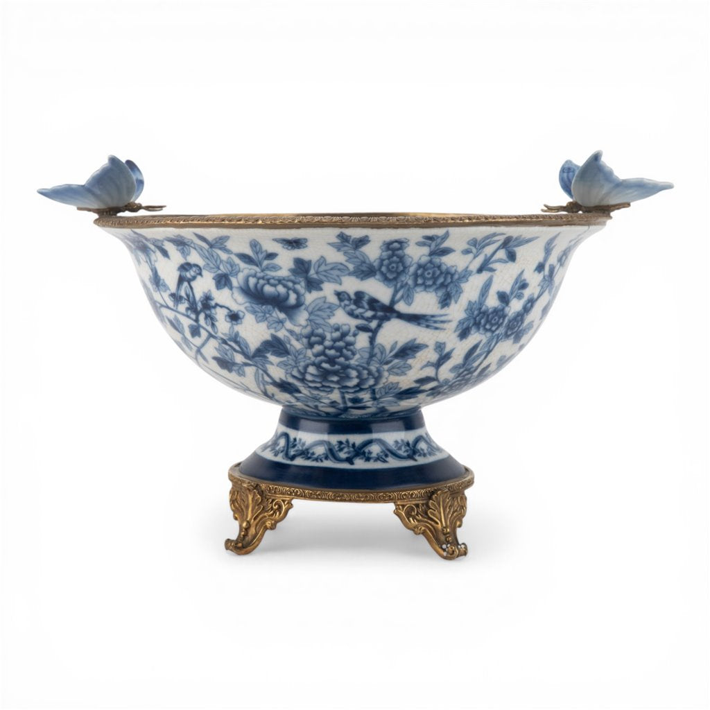 Danny's Fine Porcelain - Large Blue Bird Porcelain Footed Bowl with Butterfly Handles | Decorative Centerpiece #14299