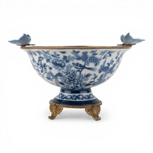 Danny's Fine Porcelain - Large Blue Bird Porcelain Footed Bowl with Butterfly Handles | Decorative Centerpiece #14299