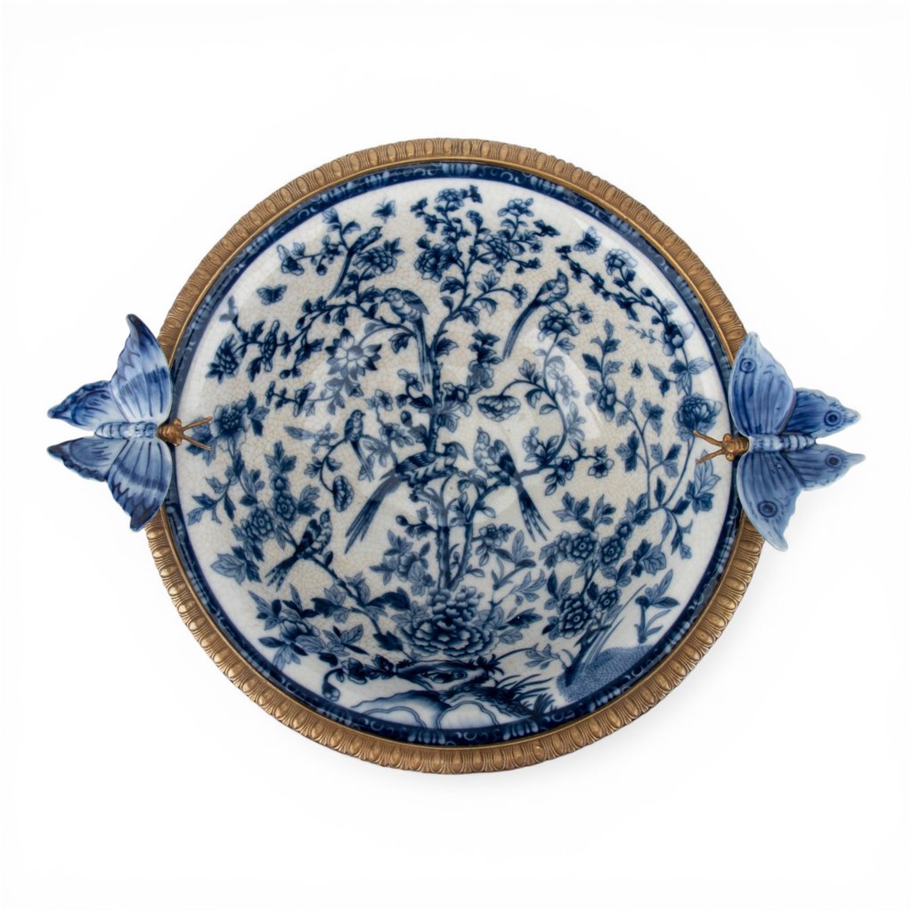 Danny's Fine Porcelain - Large Blue Bird Porcelain Footed Bowl with Butterfly Handles | Decorative Centerpiece #14299