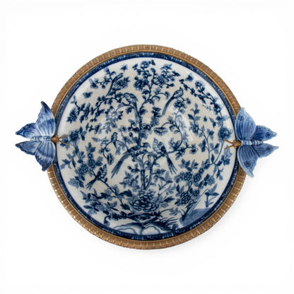 Danny's Fine Porcelain - Large Blue Bird Porcelain Footed Bowl with Butterfly Handles | Decorative Centerpiece #14299