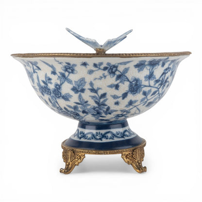 Danny's Fine Porcelain - Large Blue Bird Porcelain Footed Bowl with Butterfly Handles | Decorative Centerpiece #14299