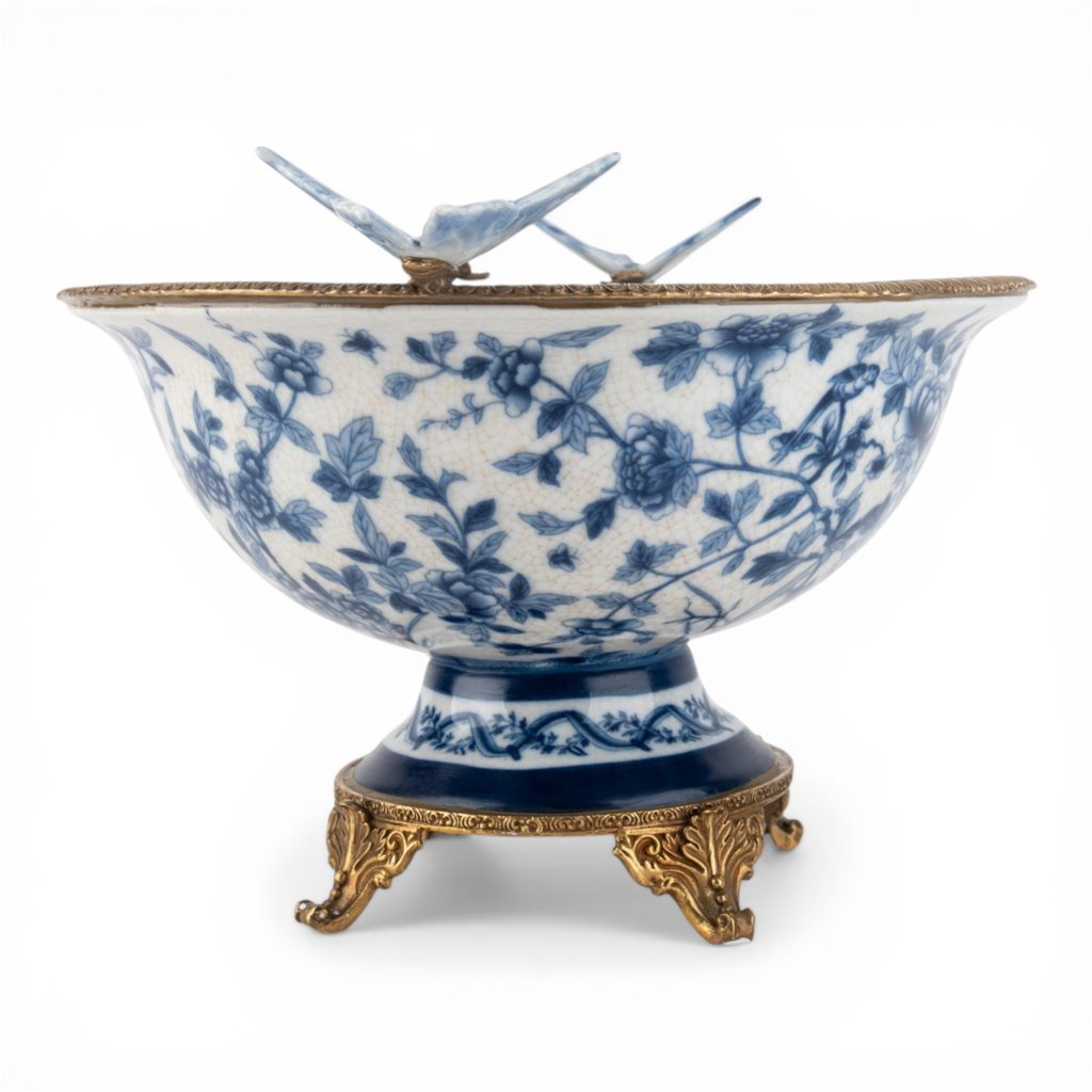 Danny's Fine Porcelain - Large Blue Bird Porcelain Footed Bowl with Butterfly Handles | Decorative Centerpiece #14299
