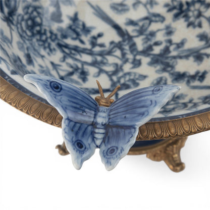 Danny's Fine Porcelain - Large Blue Bird Porcelain Footed Bowl with Butterfly Handles | Decorative Centerpiece #14299