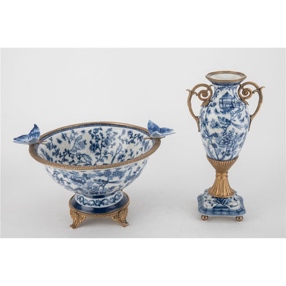 Danny's Fine Porcelain - Large Blue Bird Porcelain Footed Bowl with Butterfly Handles | Decorative Centerpiece #14299