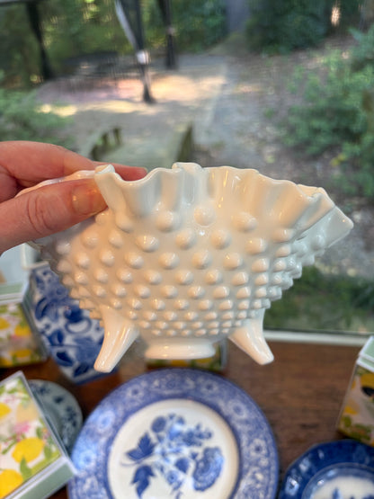 Beautiful white milk glass footed, ruffled hobnail bowl!