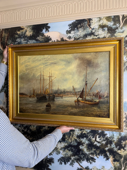 J. Edwards English Maritime Oil Painting “Ipswich Dock, Suffolk” | Signed/Inscribed 1879 | Original Gilt | Framed 27”H × 38”W
