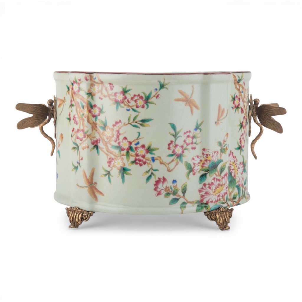 Danny's Fine Porcelain -Porcelain Oval Planter with Ormolu Dragonfly Handles – Floral Vine Motif #14300