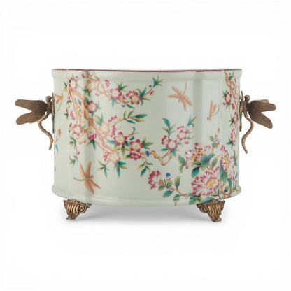 Danny's Fine Porcelain -Porcelain Oval Planter with Ormolu Dragonfly Handles – Floral Vine Motif #14300