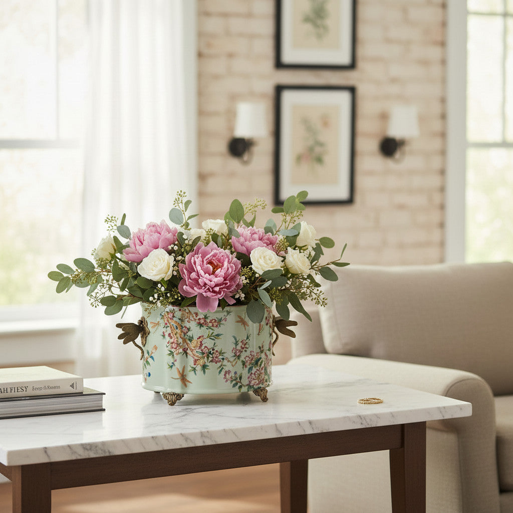Danny's Fine Porcelain -Porcelain Oval Planter with Ormolu Dragonfly Handles – Floral Vine Motif #14300